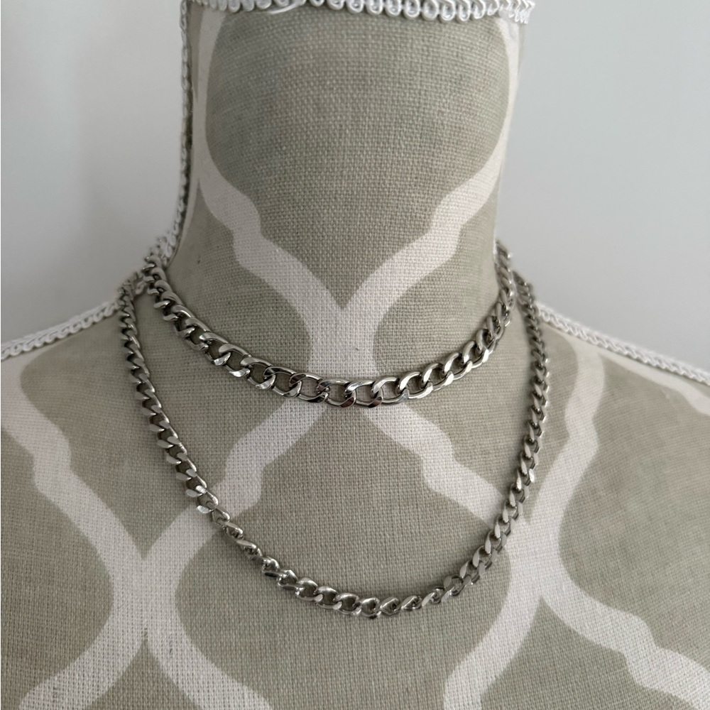 Sterling Silver-Tone Curb Chain Necklace Set - Silver
